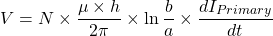 begin{equation*} V = N times \frac{\mu \ * h}{2 \pi} \ \ln \frac{b}{a} \times \frac{dI_{Primary}}{dt} \end{equation*}