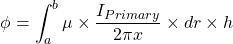 begin{equation*} \phi = int_{a}^{b} mu \times \frac{I_{Primary}}{2 \pi x} \times dr \times h \end{equation*}