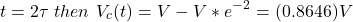\开始{对齐*}t = 2 \τ\ \,然后\ \,V_c e (t) = V - V * ^ - ^ 2 = (0.8646) V \{对齐*}结束