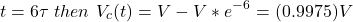 \ begin {aligne *} t = 6 \ tau \，\，然后\，\，v_c（t）= v  -  v * e ^  -  ^ 6 =（0.9975）v \ neg {alight *}